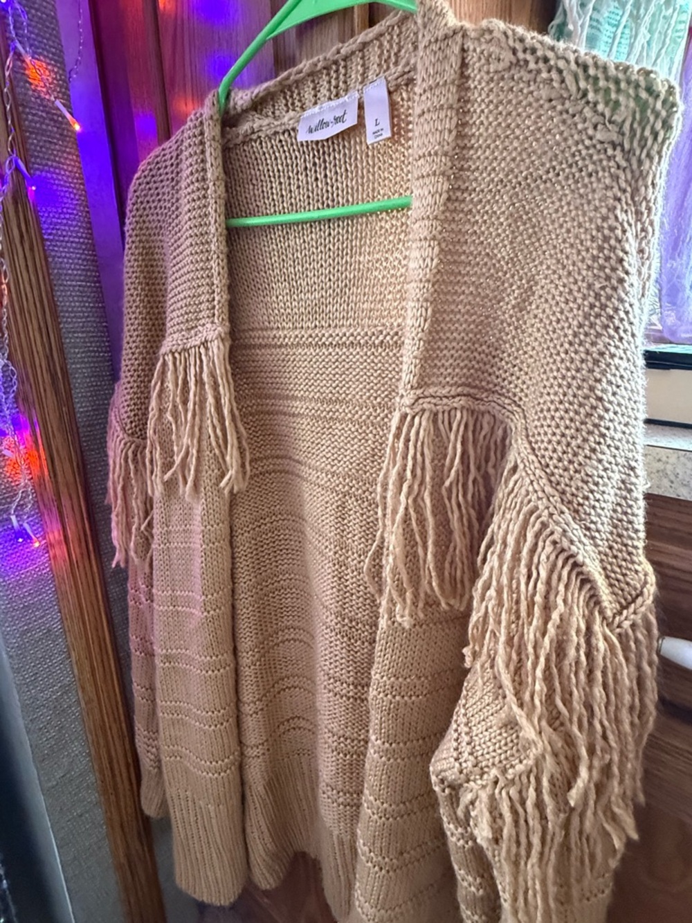 Dollie & Me Beige Open-Front Fringe-Trim Knit Cardigan